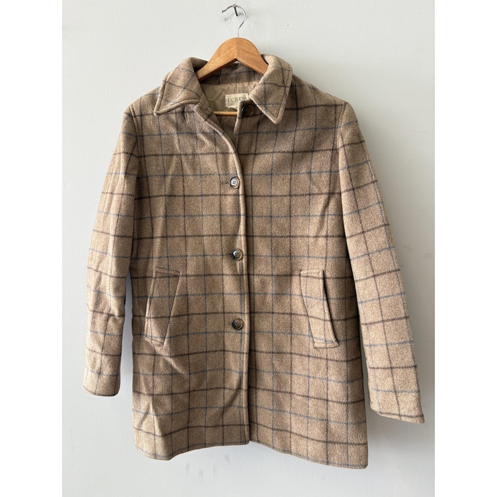 J.Crew Coat Womens Small Beige Plaid Wool Single Breasted Mid Length Overcoat